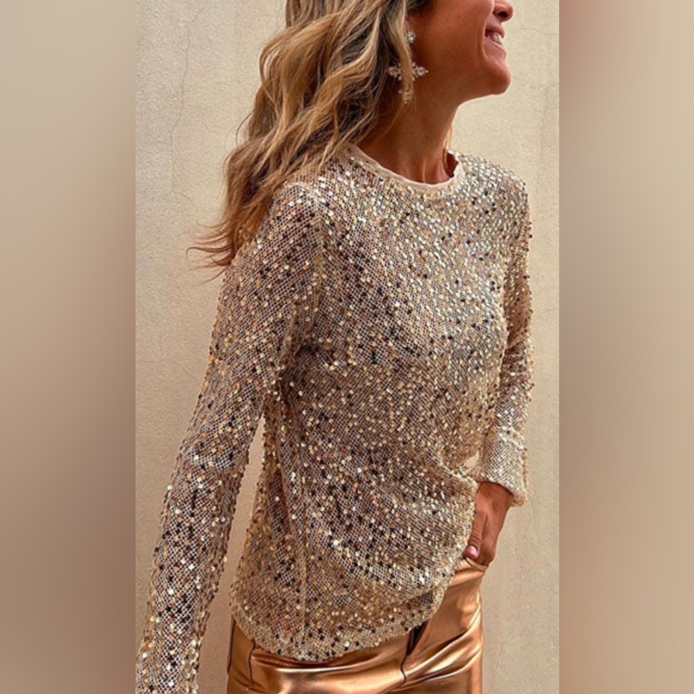 Never worn gold sequin top and metallic faux leather pants set